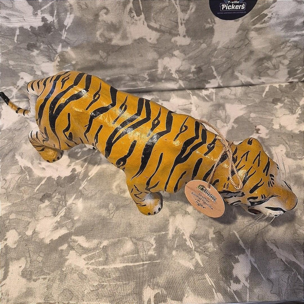 VTG Black Stripe Leather Wrapped Tiger Statue Figurine Sculpture 17" x 7.5"~NWT - Picture 8 of 9